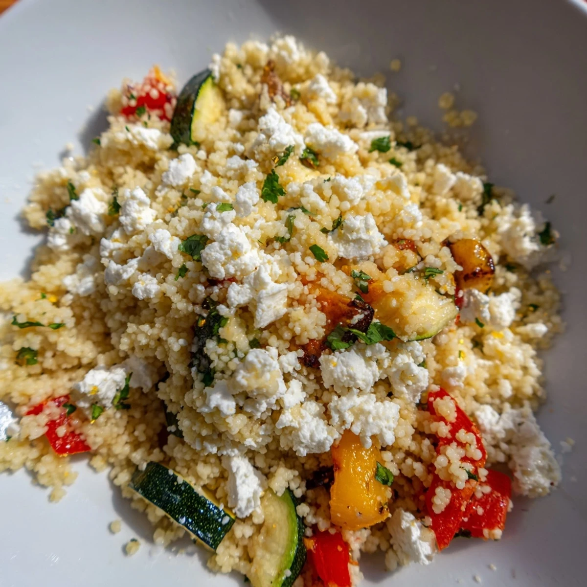 Golden, caramelized roasted vegetables sit atop fluffy couscous, garnished with crumbled feta and fresh parsley for a Mediterranean feast.