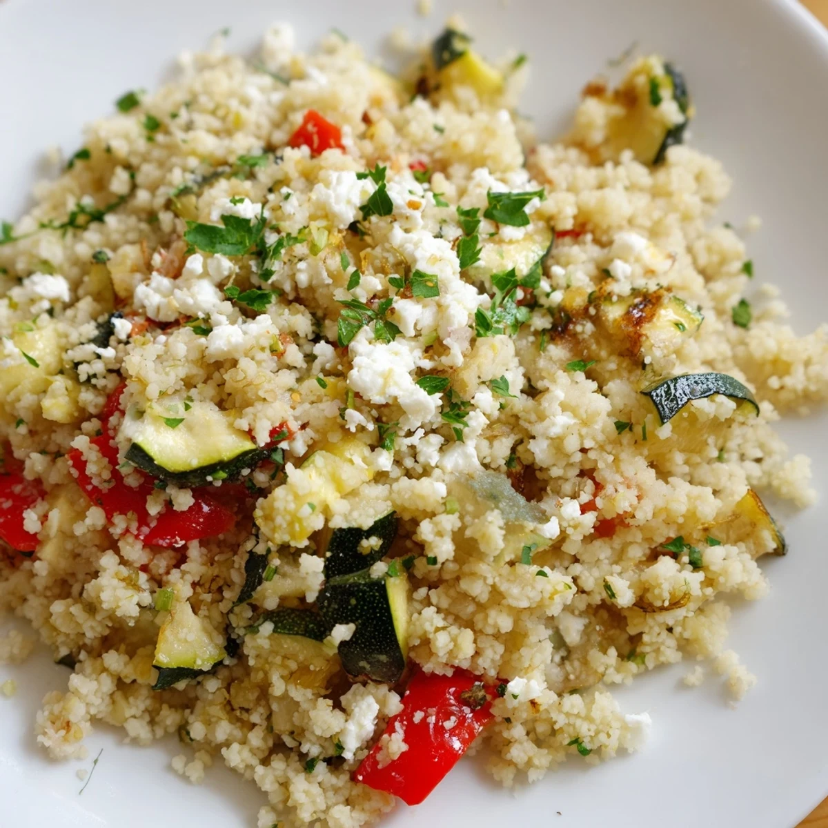 This overhead shot shows tender zucchini and red bell peppers mixed into the couscous, highlighting the creamy white feta.