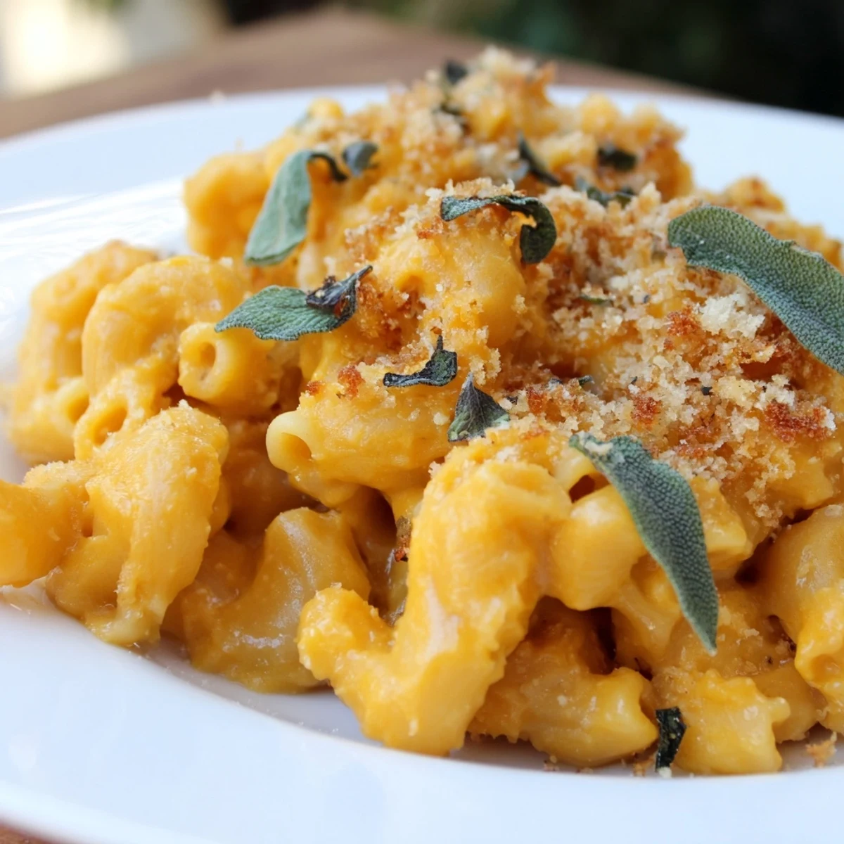 Golden roasted butternut squash mac and cheese with sage is baked to bubbly perfection in a casserole dish.