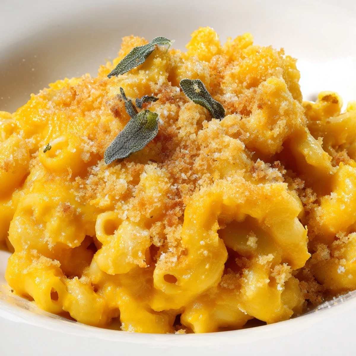 Vivid orange butternut squash mac and cheese with sage garnish is steaming on a rustic wooden table.