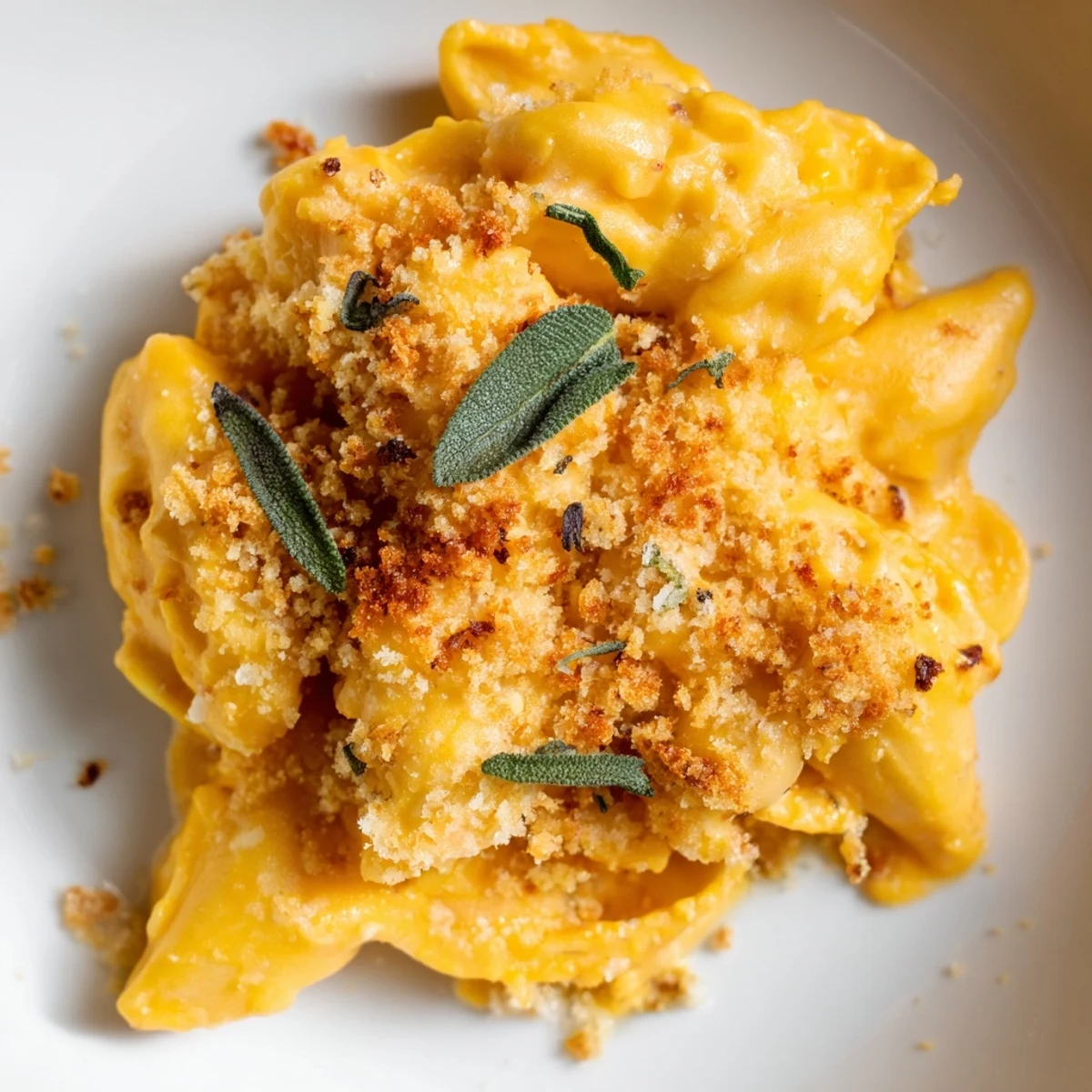 Creamy butternut squash mac and cheese topped with crispy sage and panko is served alongside a glass of wine.
