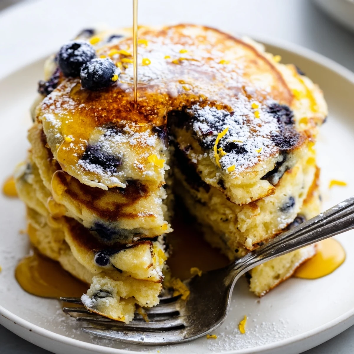 A serving of warm Lemon Blueberry Ricotta Pancakes, golden and tender, topped with fresh berries and ready for maple syrup.