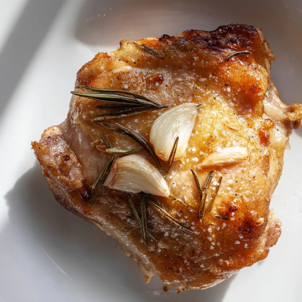 Juicy rosemary chicken thighs with crackling skin, served with lemon wedges on a plate.