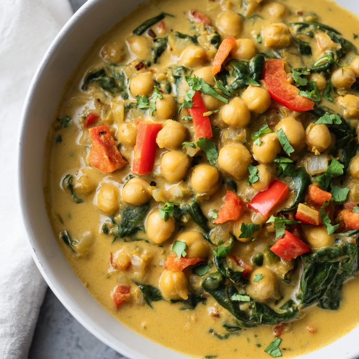 Creamy Vegan Chickpea Curry simmering in a pot, garnished with fresh cilantro and served with basmati rice and warm naan bread.