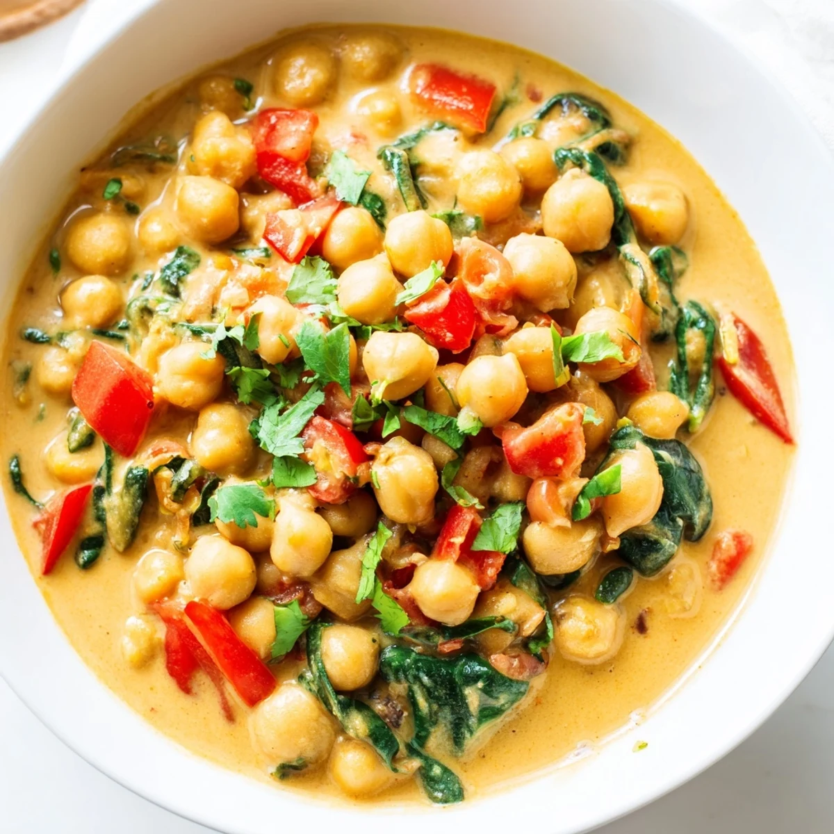 Steaming Vegan Chickpea Curry in a Dutch oven with wilted spinach, surrounded by aromatic spices like turmeric and cumin for a cozy meal.