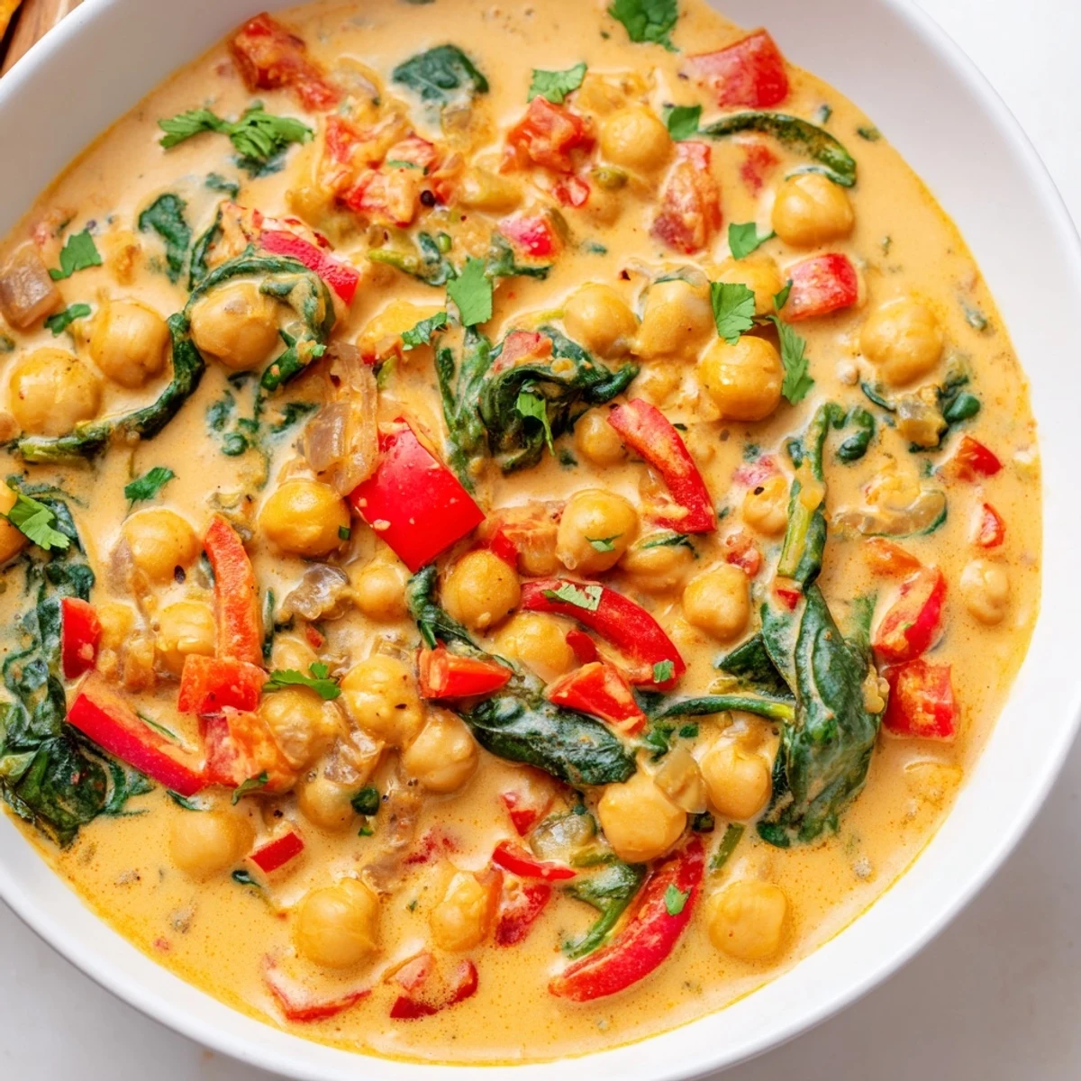 Vibrant bowl of Vegan Chickpea Curry featuring chickpeas and red bell peppers in coconut milk sauce, topped with lime wedges for brightness.