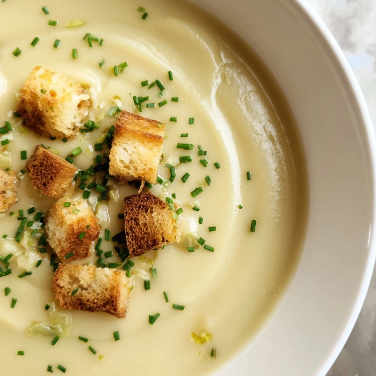 Creamy Potato Leek Soup with Garlic Croutons served steaming hot in a rustic bowl, garnished with fresh chives. 