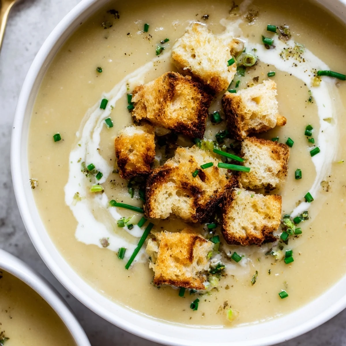 Vibrant bowl of Creamy Potato Leek Soup with Garlic Croutons, topped with herbs and golden bread cubes.
