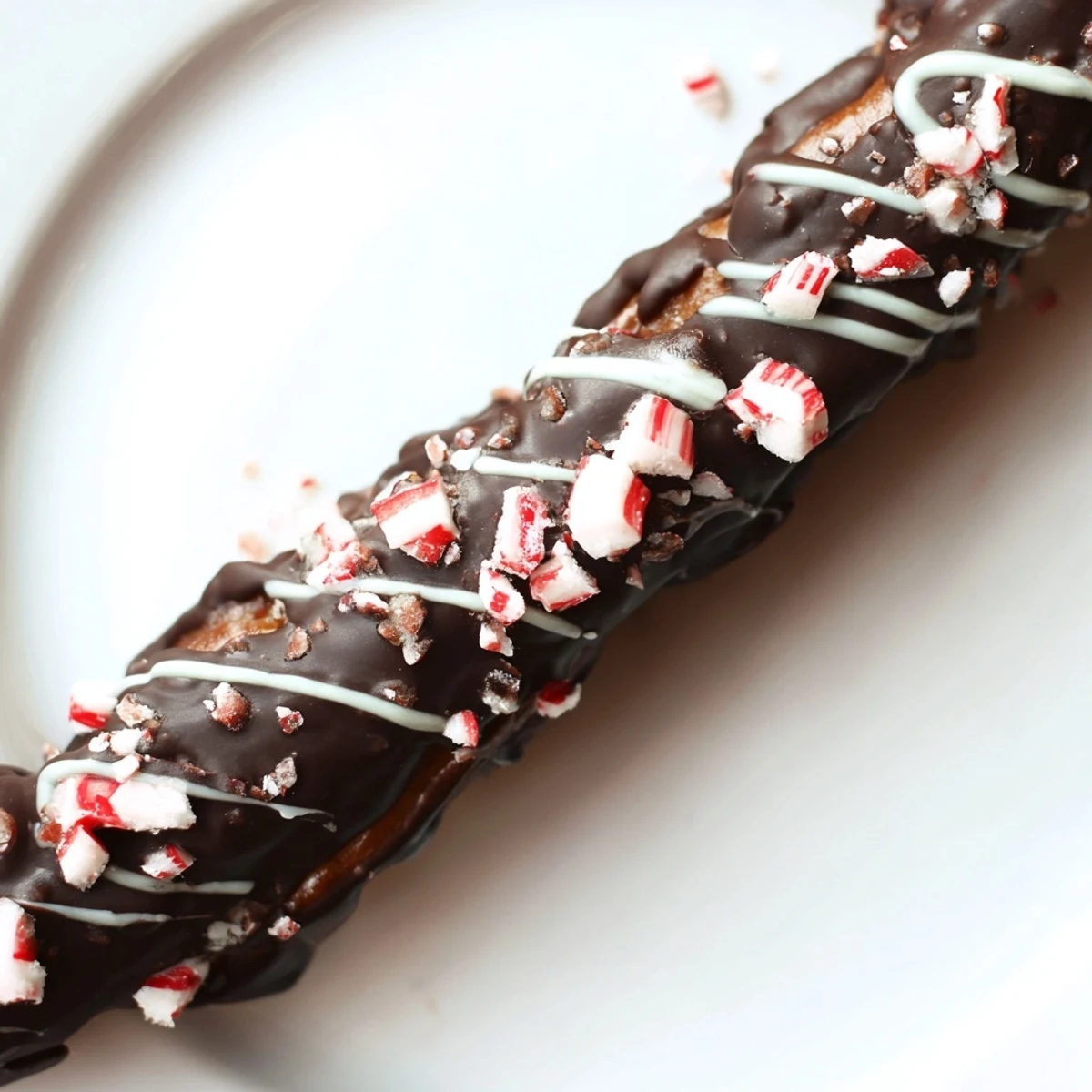 Hand holding a Dark Chocolate Peppermint Bark Pretzel with melted chocolate drip, salted rod and crushed peppermint, ideal sweet and salty snack.