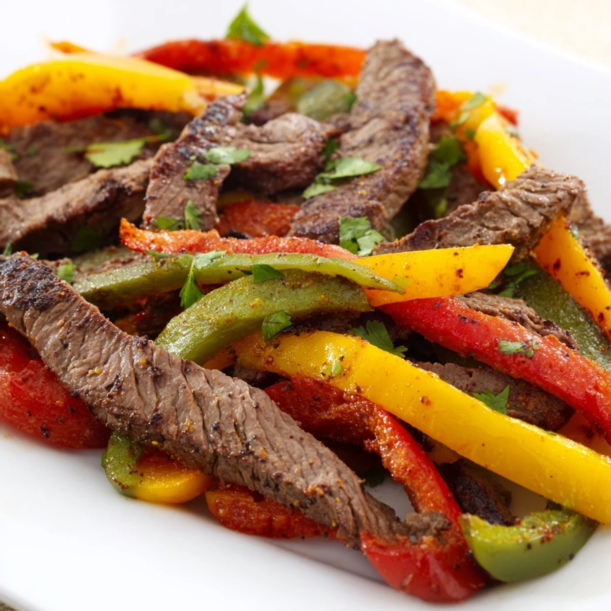 Tender steak strips and roasted peppers and onions for Sheet Pan Steak Fajitas served with warm tortillas.