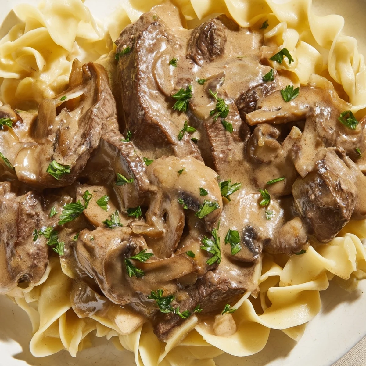 Creamy Beef Stroganoff over Egg noodles in a rich mushroom sauce, garnished with fresh parsley and served steaming hot.