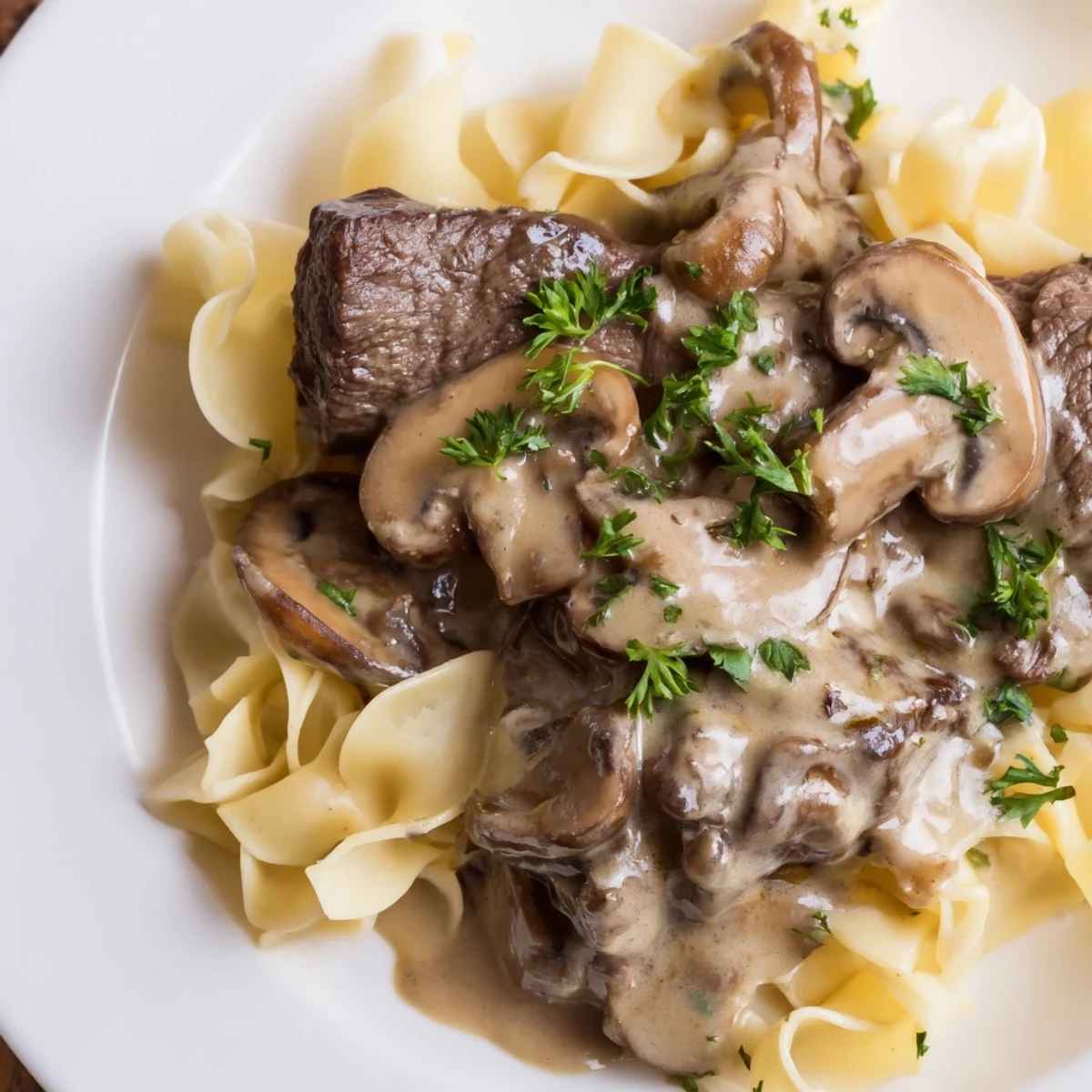 Beef Stroganoff over Egg noodles plated with a fresh side salad, highlighting the creamy, savory sauce and golden pasta.