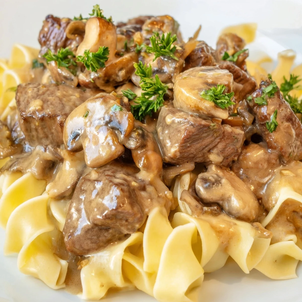 Tender beef strips and sautéed mushrooms in a velvety sauce atop buttery egg noodles, ready for a comforting dinner.