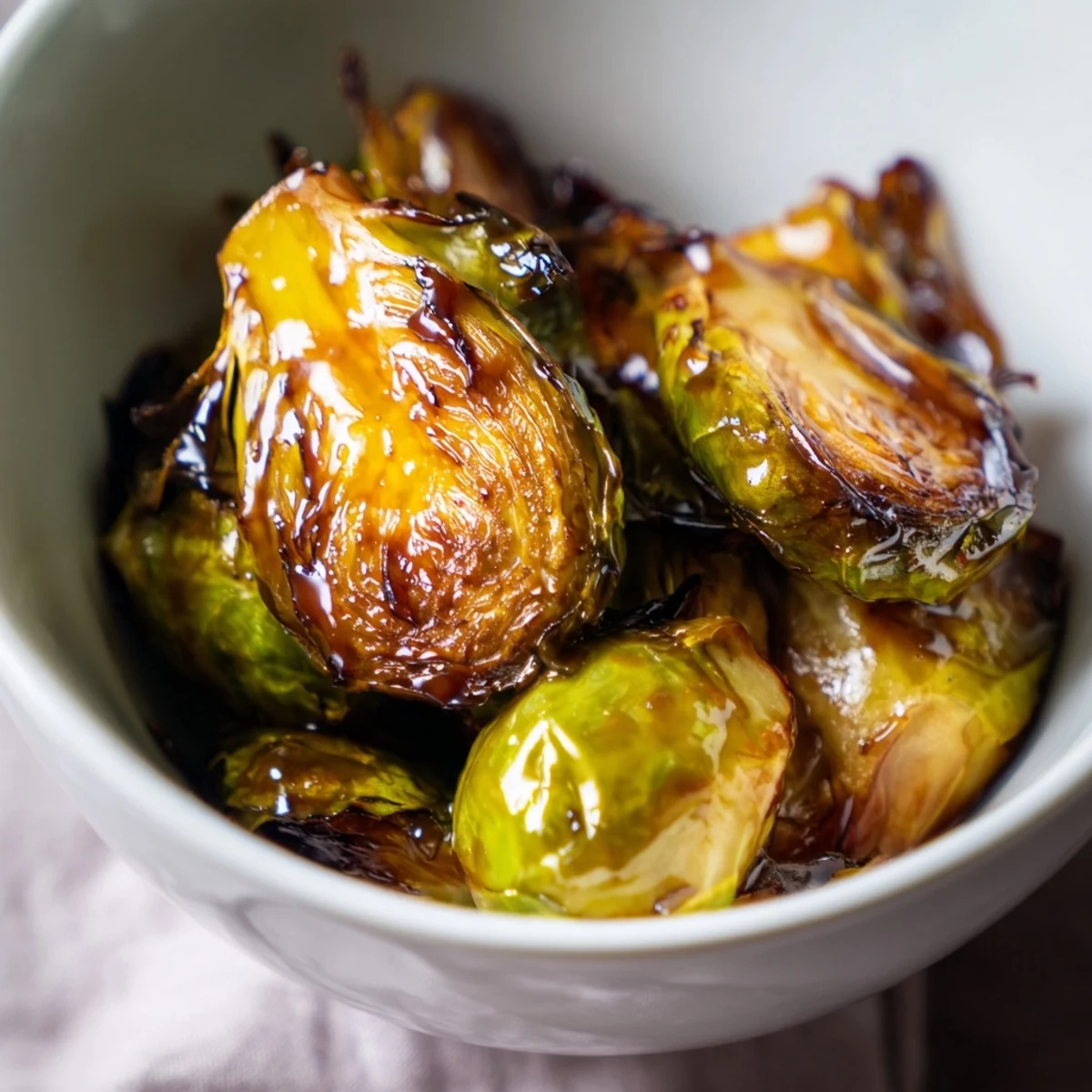 Freshly roasted Brussels sprouts with crispy edges tossed in a tangy balsamic glaze on a rustic wooden table.