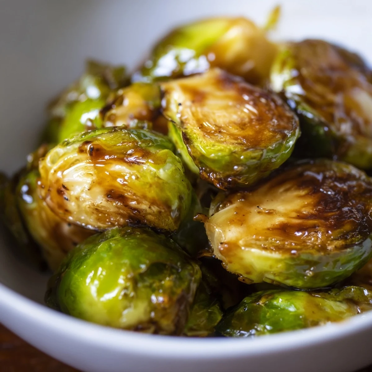 Golden brown Brussels sprouts with balsamic glaze drizzled over the top, paired with roasted chicken on a plate.