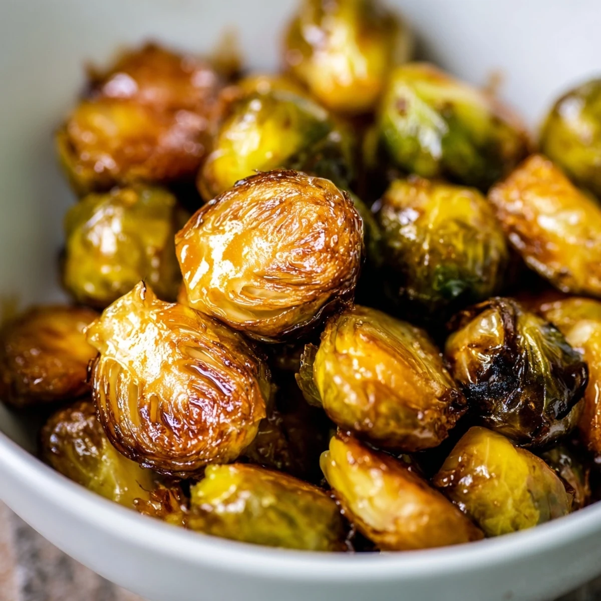 Caramelized Brussels sprouts with balsamic glaze served warm in a white bowl for an easy weeknight side.