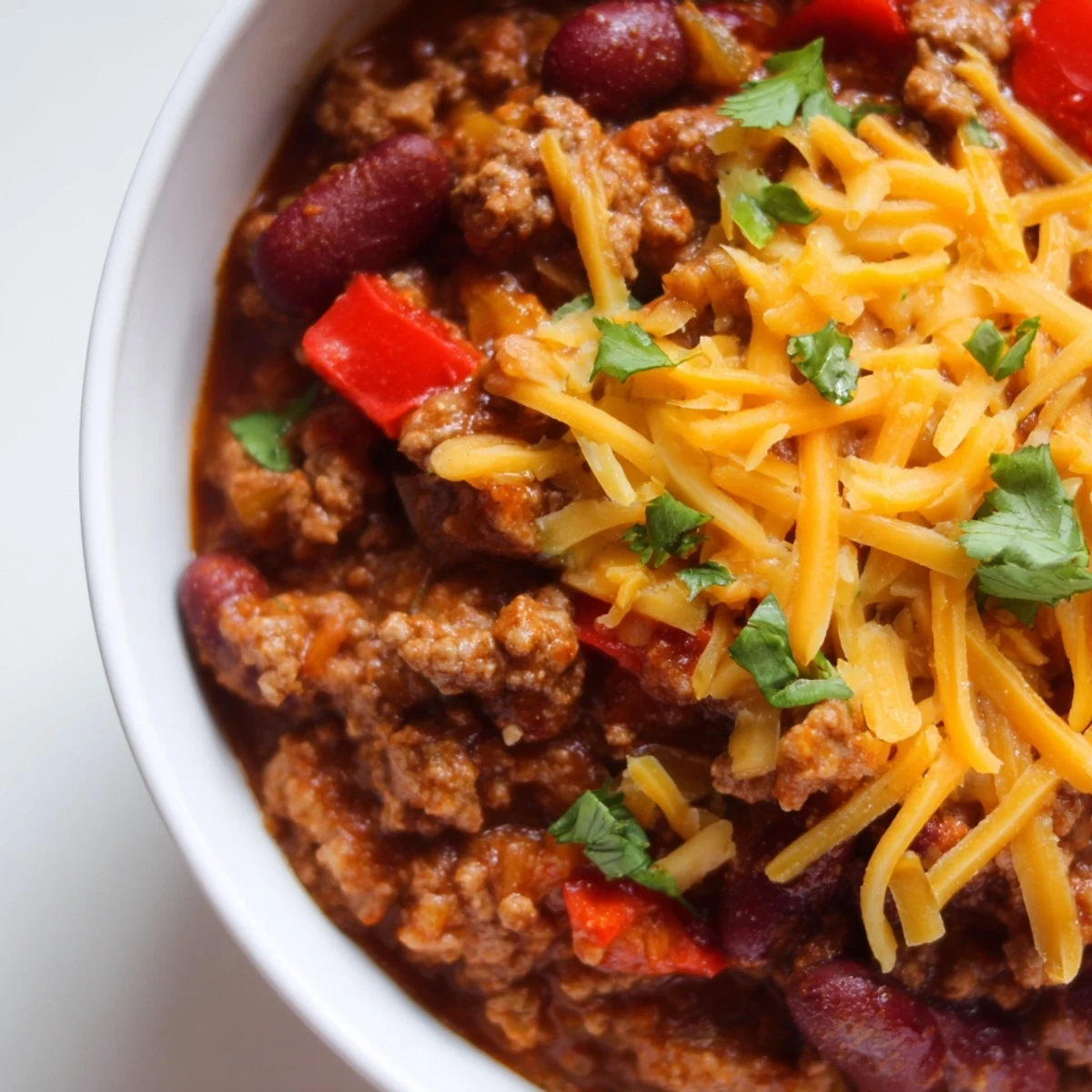 Steaming bowl of Turkey Chili with Kidney Beans and Cheddar, topped with fresh cilantro and a dollop of sour cream.