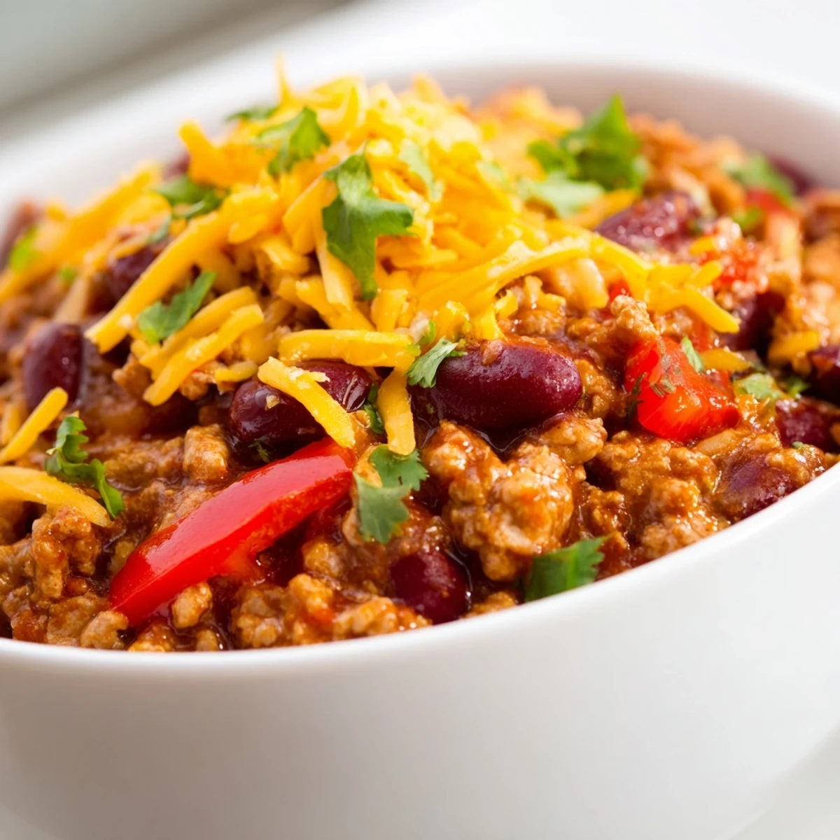 Hearty Turkey Chili with Kidney Beans and Cheddar bubbling in a Dutch oven, ready to serve with cornbread on the side.