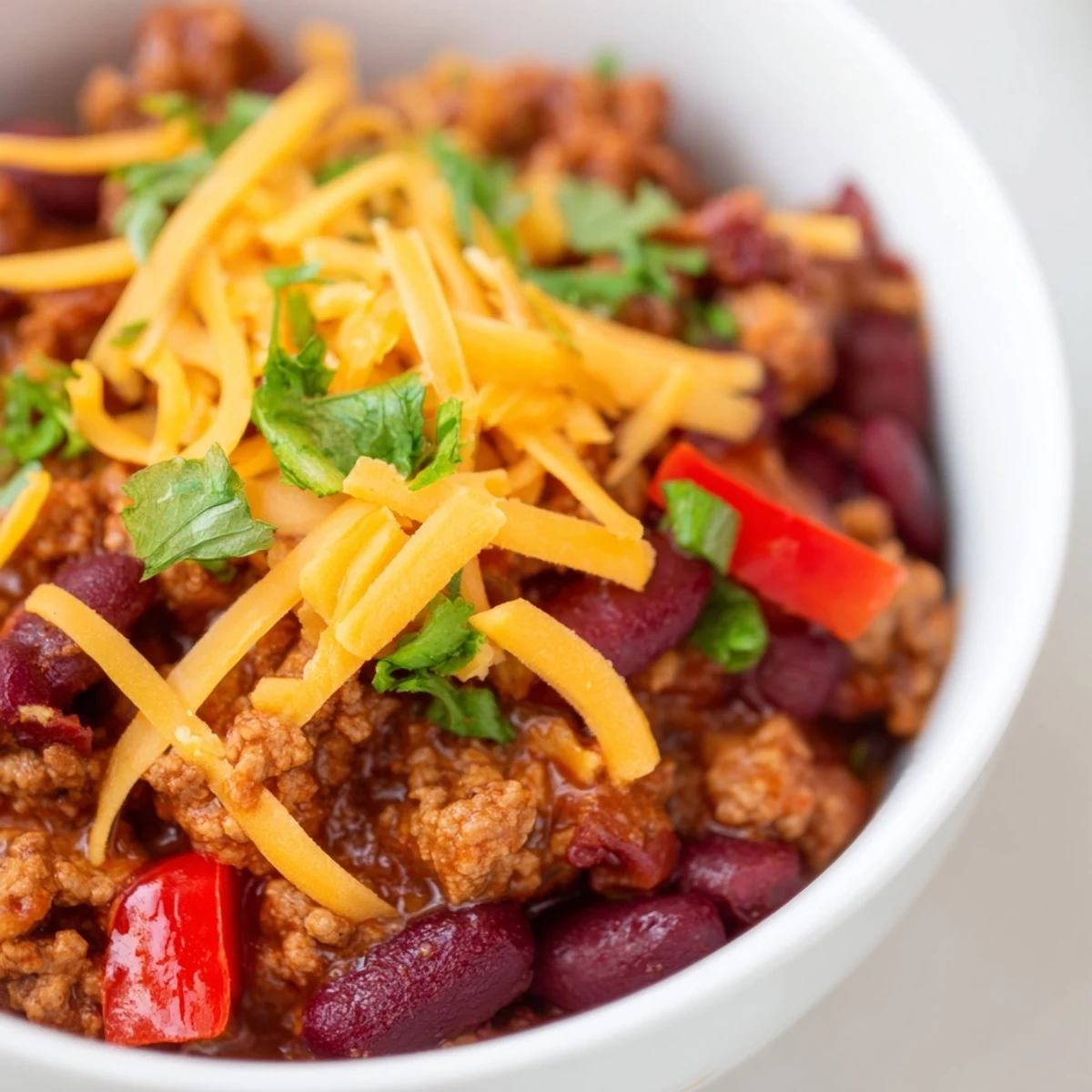 A close-up of Turkey Chili with Kidney Beans and Cheddar featuring melted sharp cheddar cheese and fresh cilantro garnish.