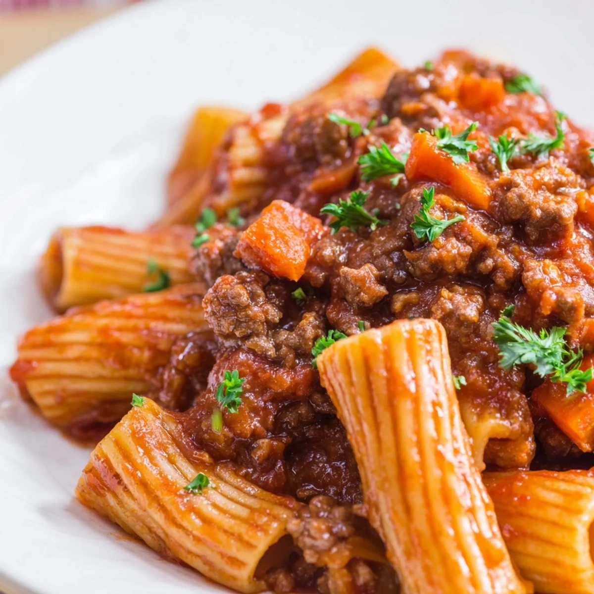 Pappardelle pasta tossed with hearty Slow Cooker Ragu Sauce on a rustic plate.