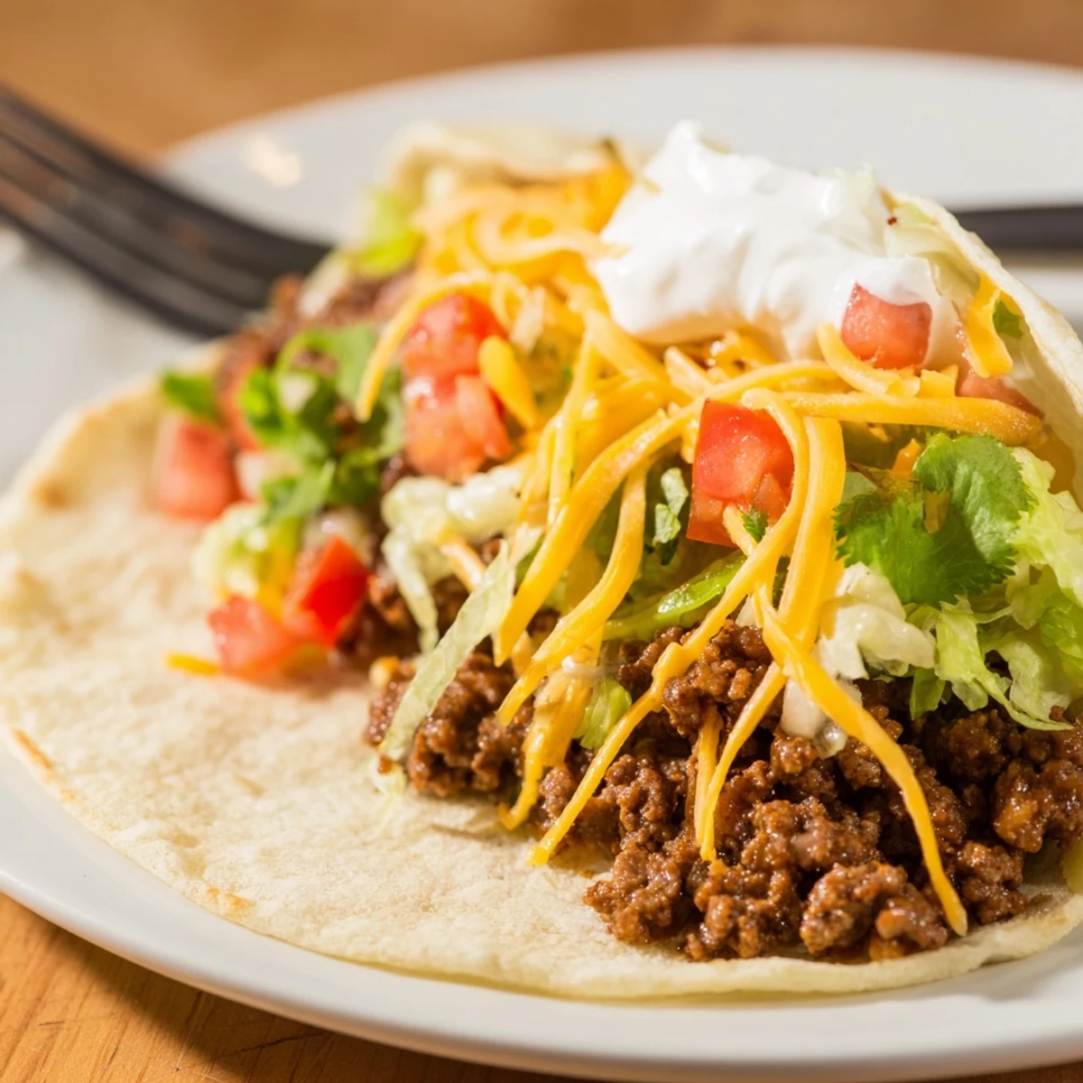 Fully loaded beef tacos topped with fresh lettuce, sour cream, and lime wedges for serving.