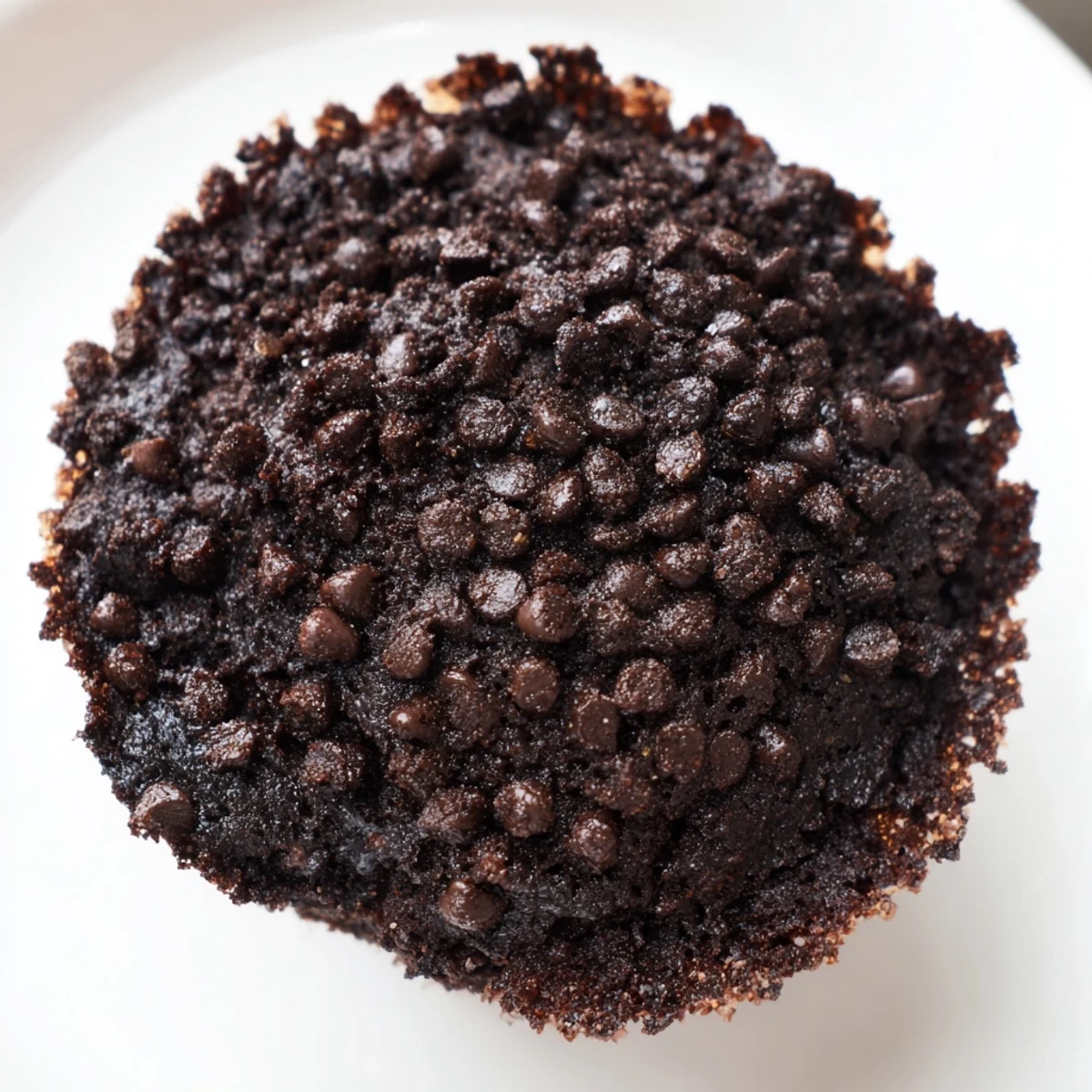 Individually baked Chocolate Muffin tops are stacked on a white plate with a glass of cold milk.