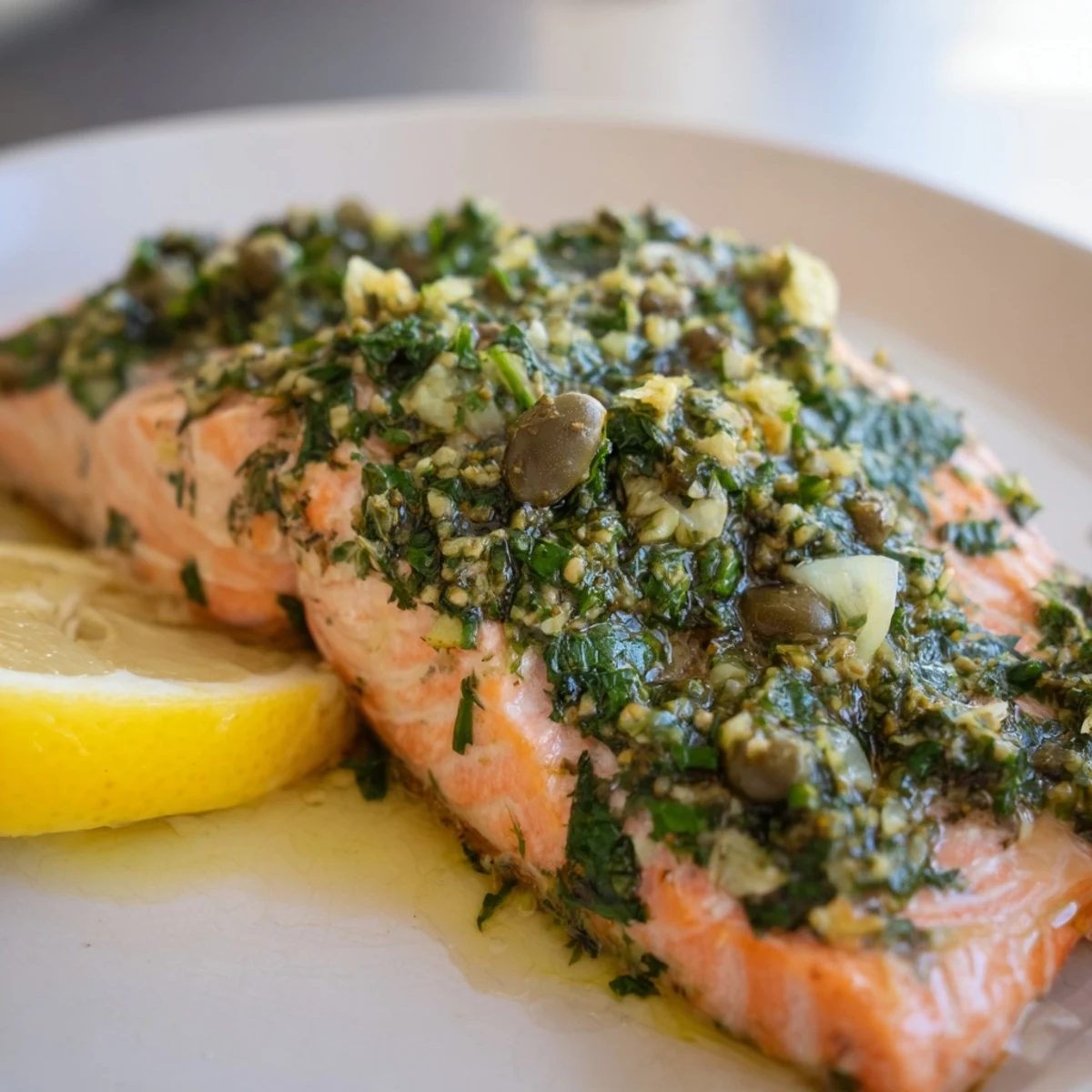 Flaky oven-baked salmon fillet topped with a vibrant green homemade salsa verde and lemon wedges, served for a light Mediterranean dinner.
