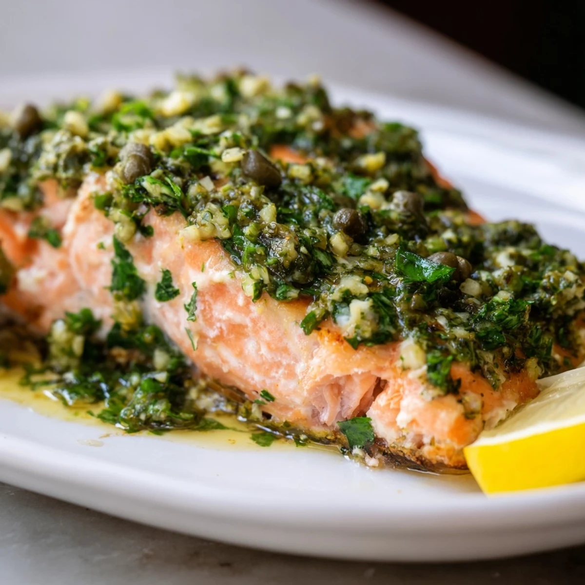 Fork-tender salmon fresh from the oven, generously spooned with zesty salsa verde and ready to serve alongside crisp roasted potatoes.