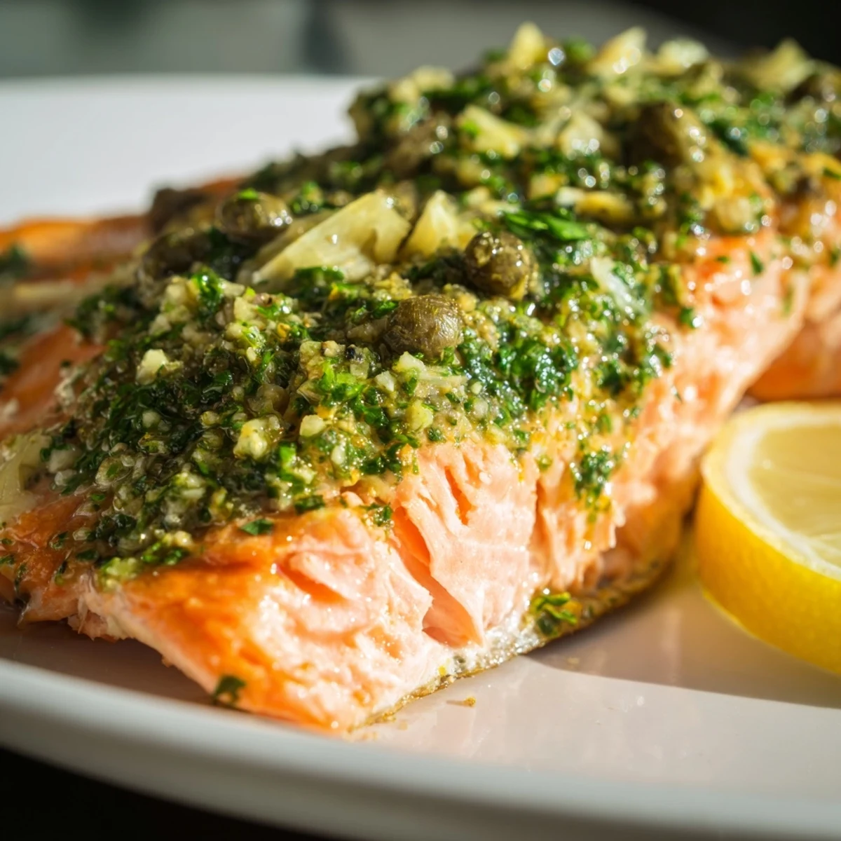 Golden-baked salmon fillet with a bright, herby salsa verde and lemon, perfect for a healthy, gluten-free weeknight meal.