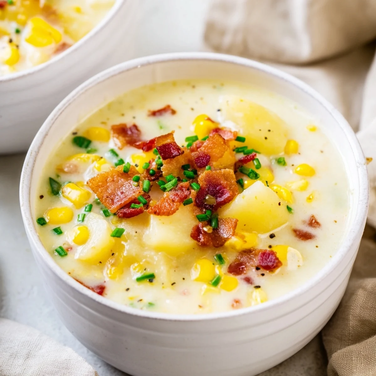 Creamy Corn Chowder with bacon crumbles and fresh chives served hot in a rustic bowl.