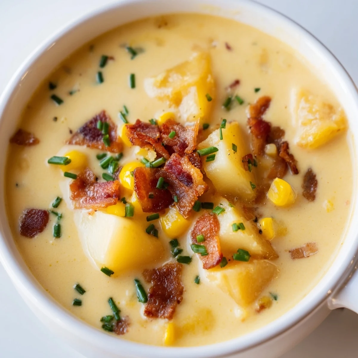 Homemade Creamy Corn Chowder topped with chives, paired with crusty bread on the side.