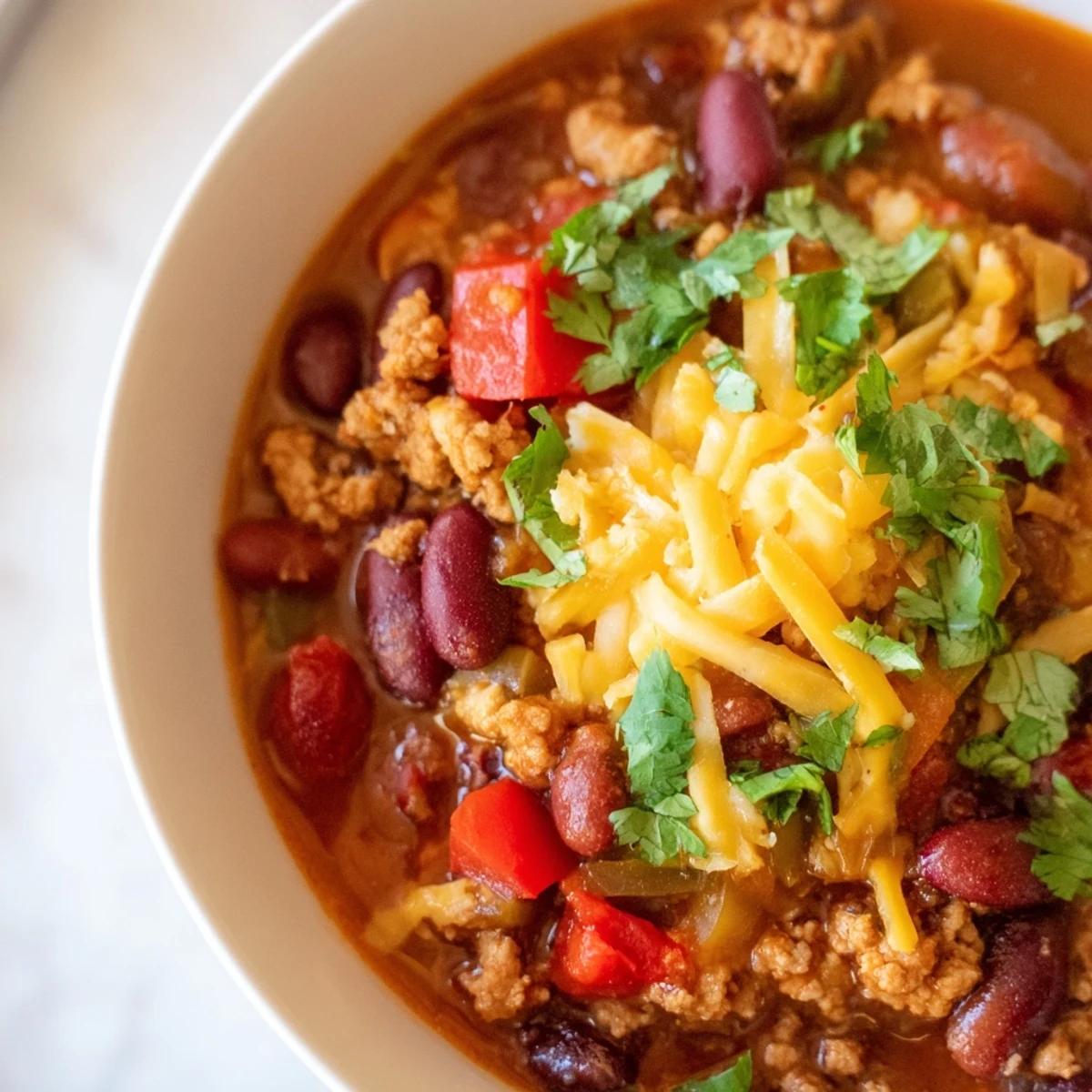 Hearty Turkey Chili Bowl with kidney and black beans in a rustic pot, garnished with green onions and a dollop of Greek yogurt.