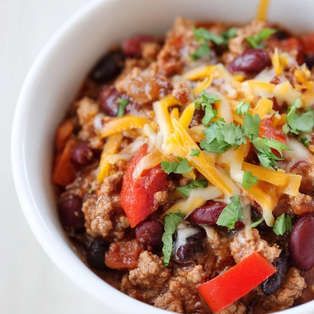 A warm Turkey Chili Bowl topped with shredded cheddar, sour cream, and fresh cilantro, served next to lime wedges and tortilla chips.