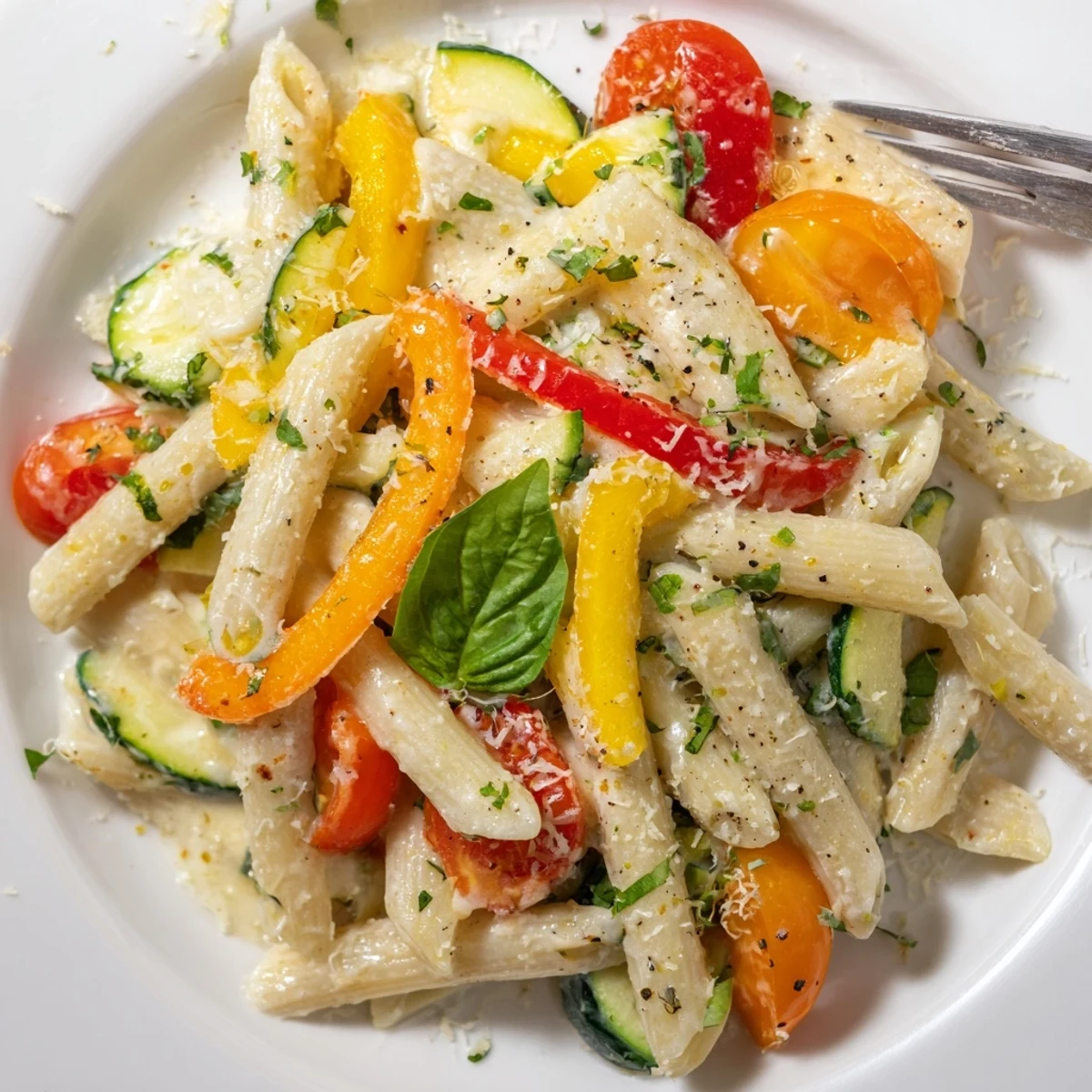 Vibrant Creamy Pasta Primavera tossed with fresh zucchini, bell peppers, and cherry tomatoes in a rich Parmesan sauce.