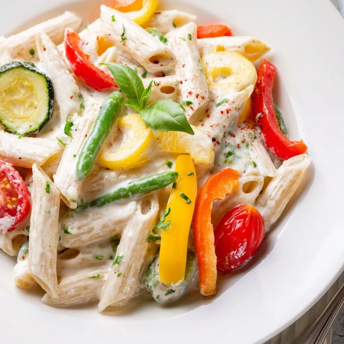 A close-up view of Creamy Pasta Primavera with a luscious cream coating and colorful spring vegetables on a plate.