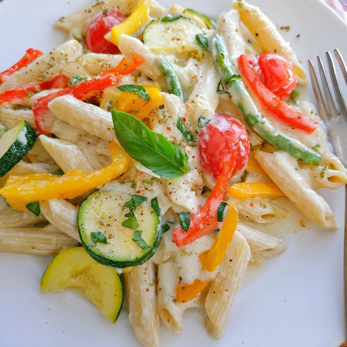 Serving suggestion for Creamy Pasta Primavera, garnished with fresh basil and extra Parmesan cheese, perfect for a family dinner.