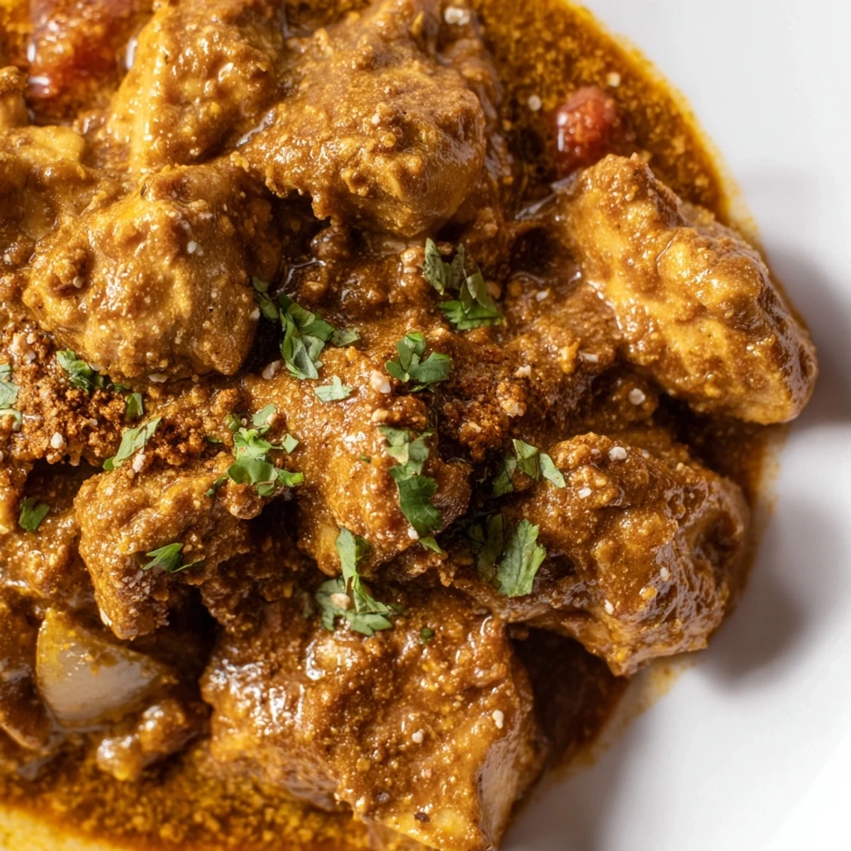 Plate of tender chicken thighs in a rich, aromatic Spicy Curry Chicken sauce, garnished with fresh cilantro and served alongside fluffy basmati rice.