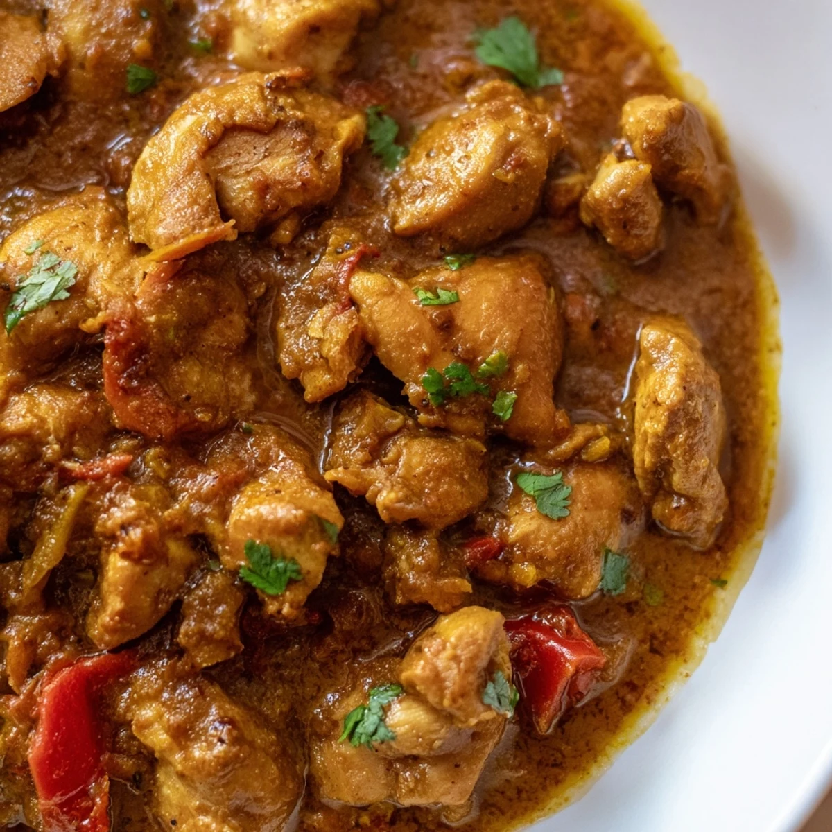 Close-up of simmering Spicy Curry Chicken in a skillet, revealing golden-brown chicken pieces in a creamy coconut curry with vibrant spices.