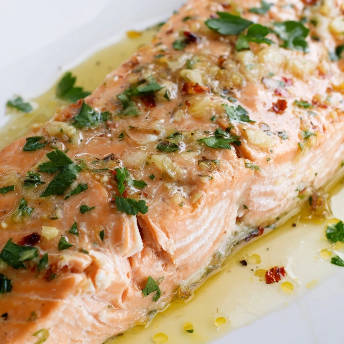 Tender-crisp asparagus spears and flaky salmon fillets drizzled with zesty lemon garlic butter sauce, served on a white ceramic plate.