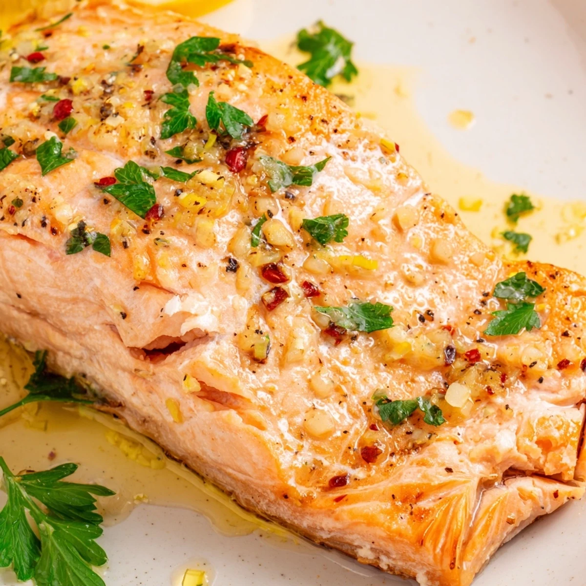 Golden-brown Lemon Garlic Butter Salmon with Asparagus Spears on a baking sheet, garnished with fresh parsley and lemon slices, steaming hot from the oven.