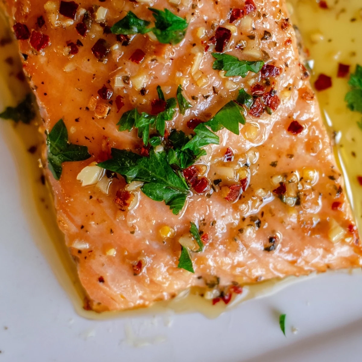 Succulent Lemon Garlic Butter Salmon with Asparagus Spears plated with a lemon wedge, ready to serve for an elegant dinner.