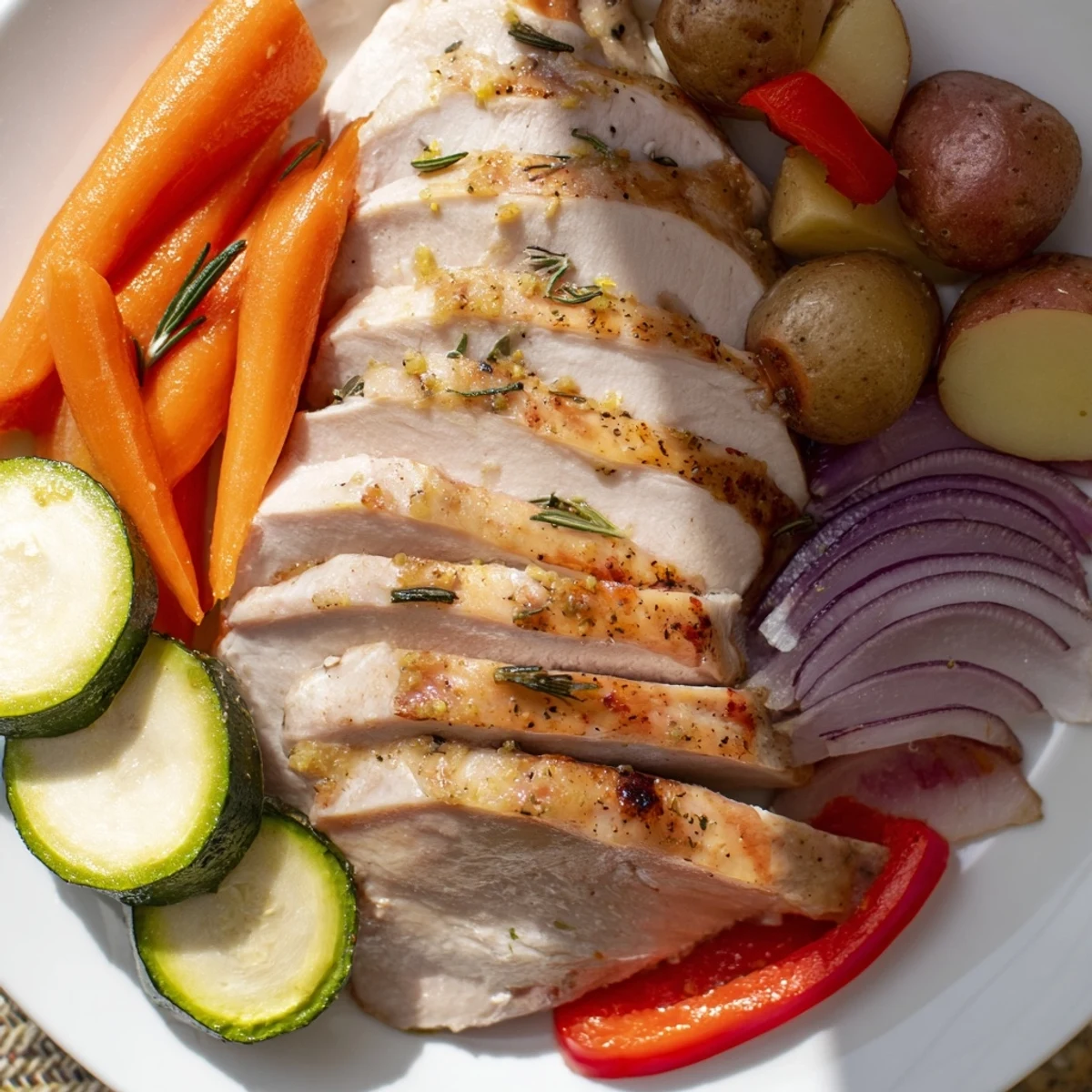Golden-brown sheet pan lemon herb turkey breast with roasted baby potatoes, carrots, zucchini, and red bell peppers.