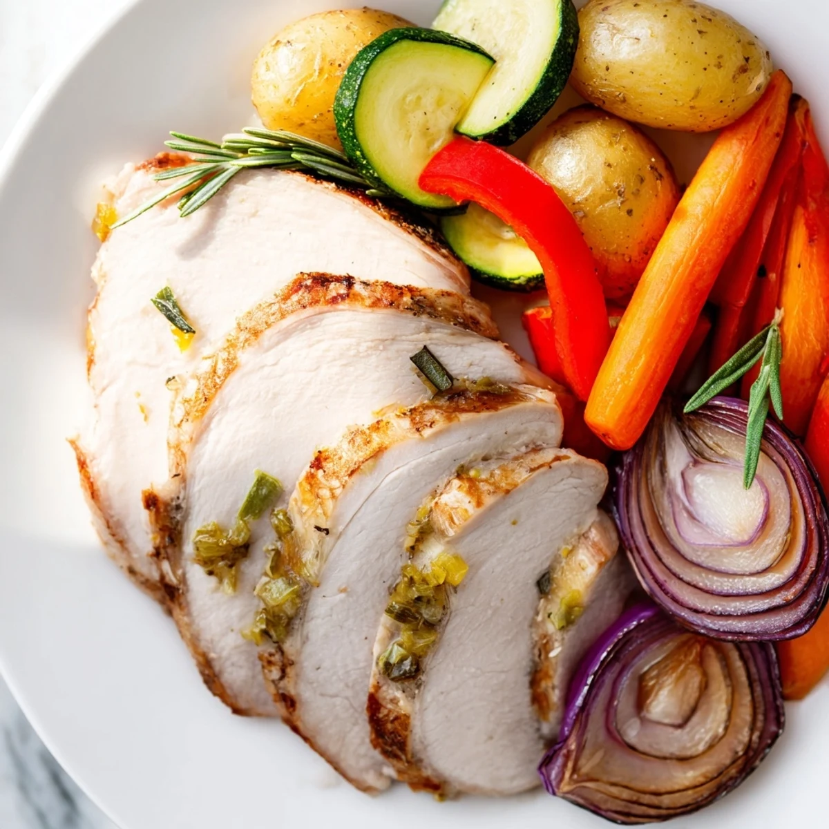 Sliced citrusy turkey and tender vegetables are garnished with fresh thyme, ready for a low carb dinner.