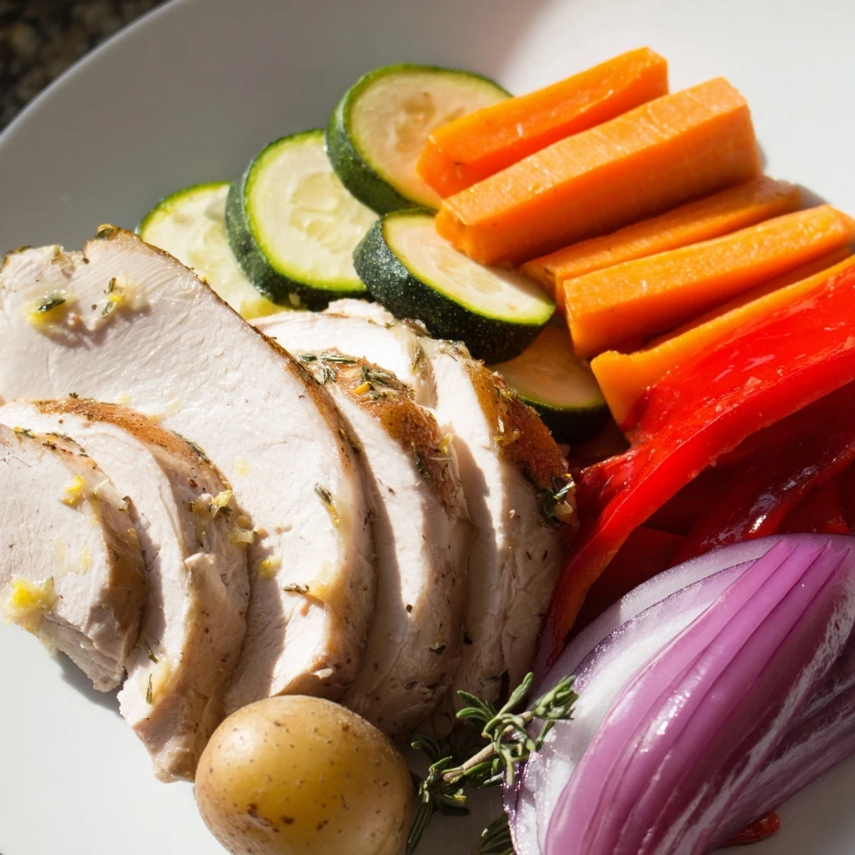 Freshly roasted turkey breast with lemon and herbs alongside colorful veggies on a parchment-lined baking sheet.