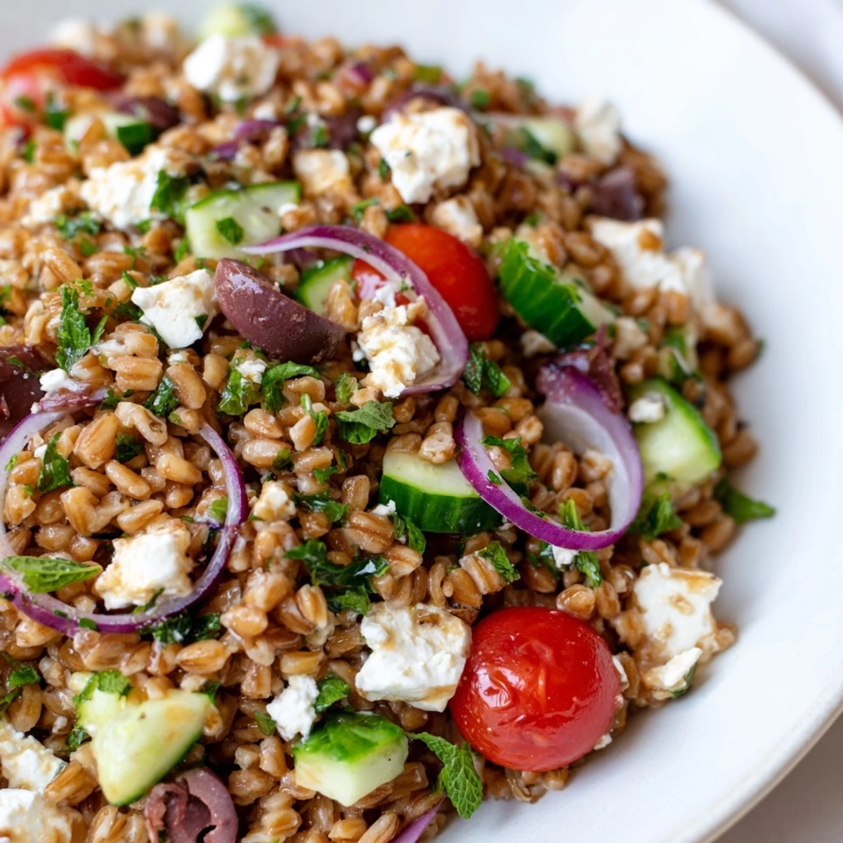 Fork-ready Mediterranean Farro Salad with Cucumber and Feta glistening with lemon-olive oil, ready for lunch.
