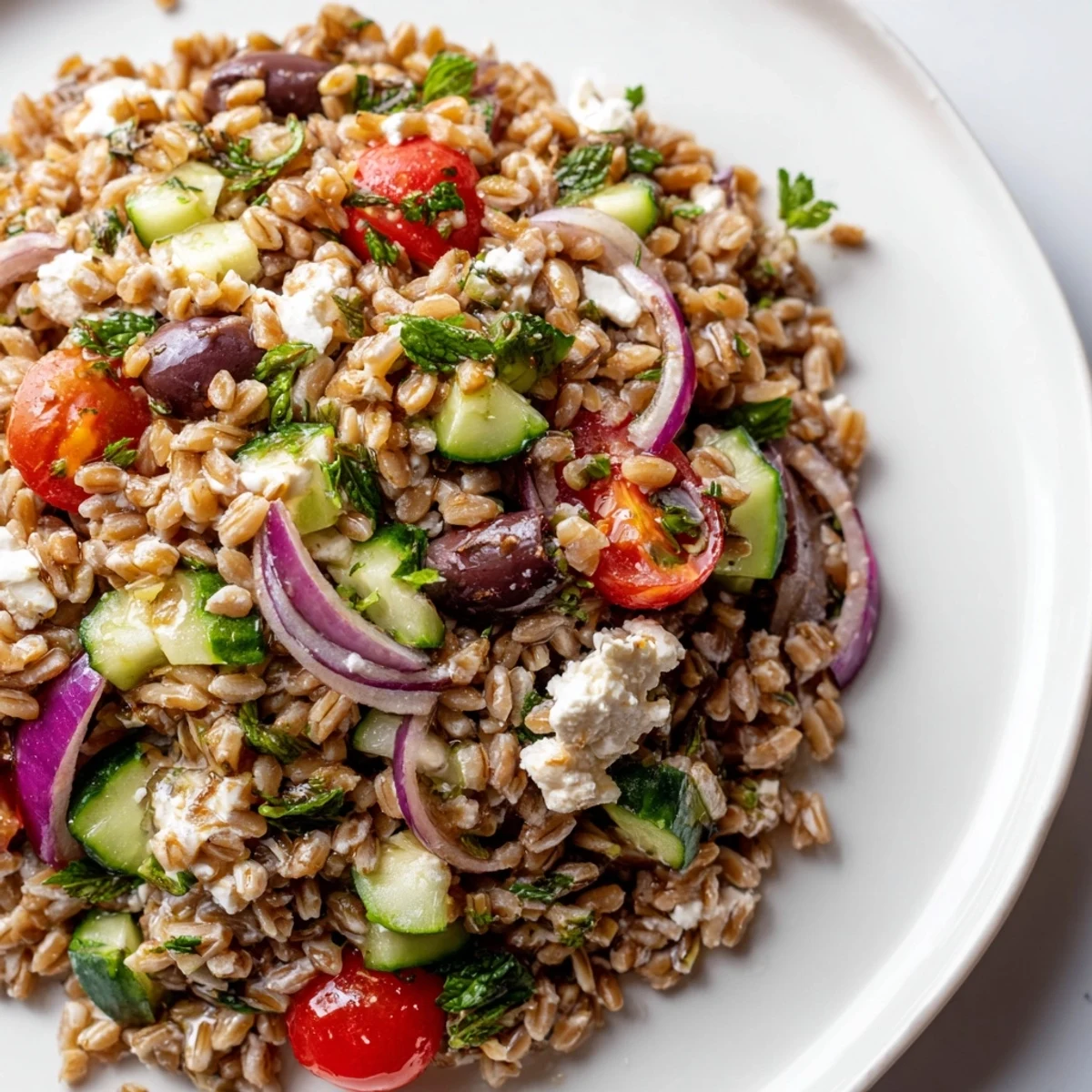 A hearty bowl of Mediterranean Farro Salad with Cucumber and Feta, topped with cherry tomatoes and herbs.