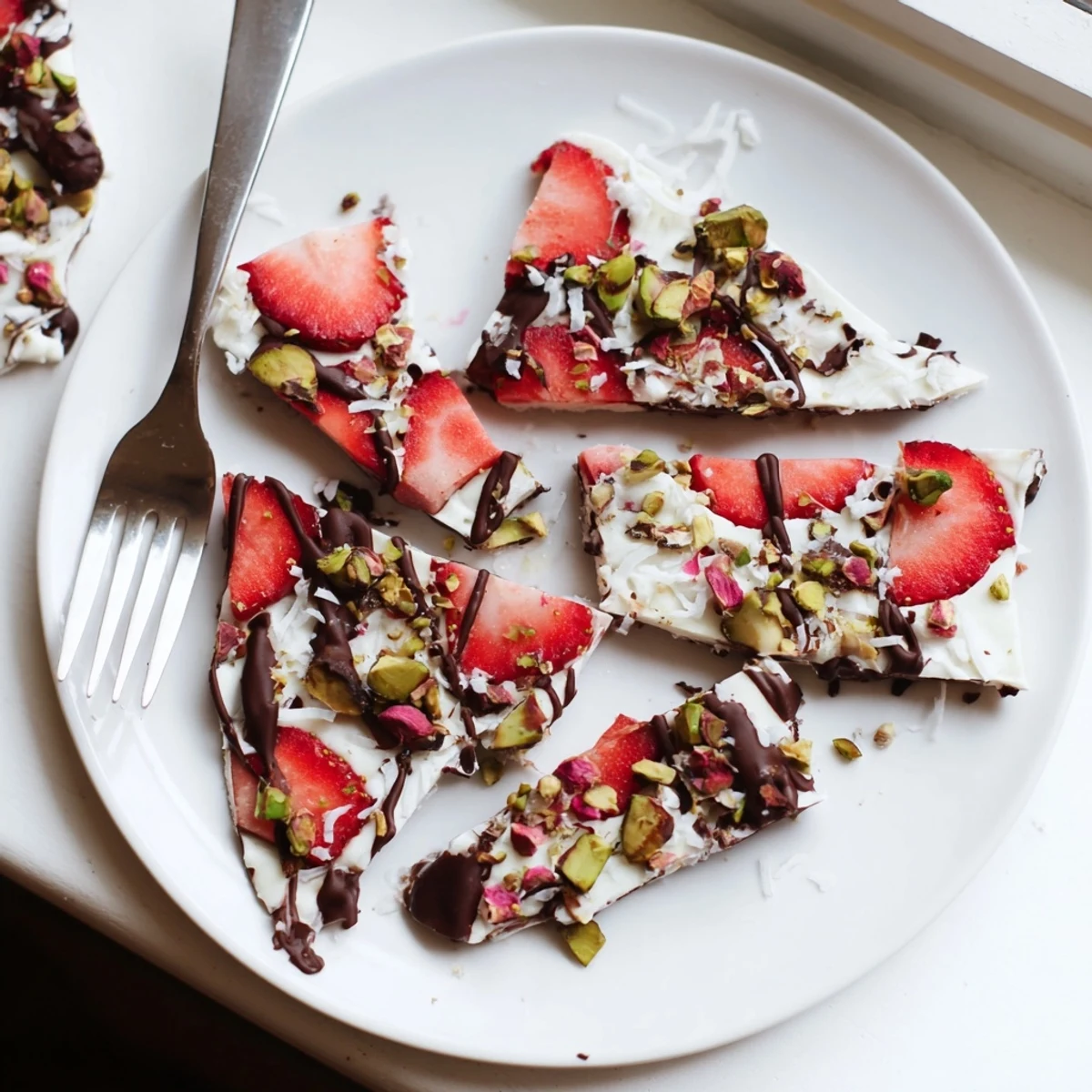 For this Chocolate Covered Strawberry Yogurt Bark, a sheet of Greek yogurt is topped with berries, drizzled chocolate, and chopped pistachios before freezing.