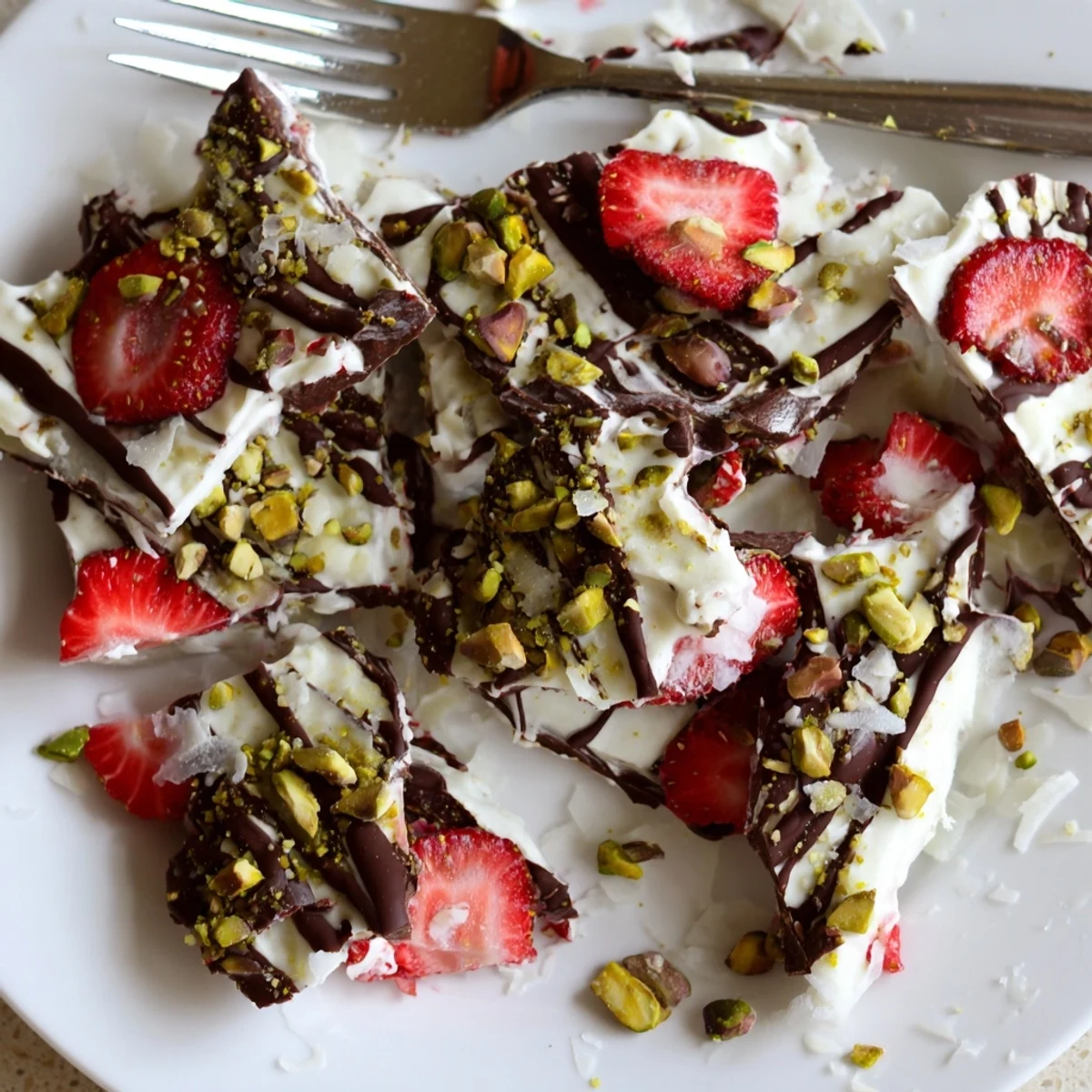 Creamy Greek yogurt and fresh strawberries layered with dark chocolate for this Chocolate Covered Strawberry Yogurt Bark, frozen and broken into crunchy shards.