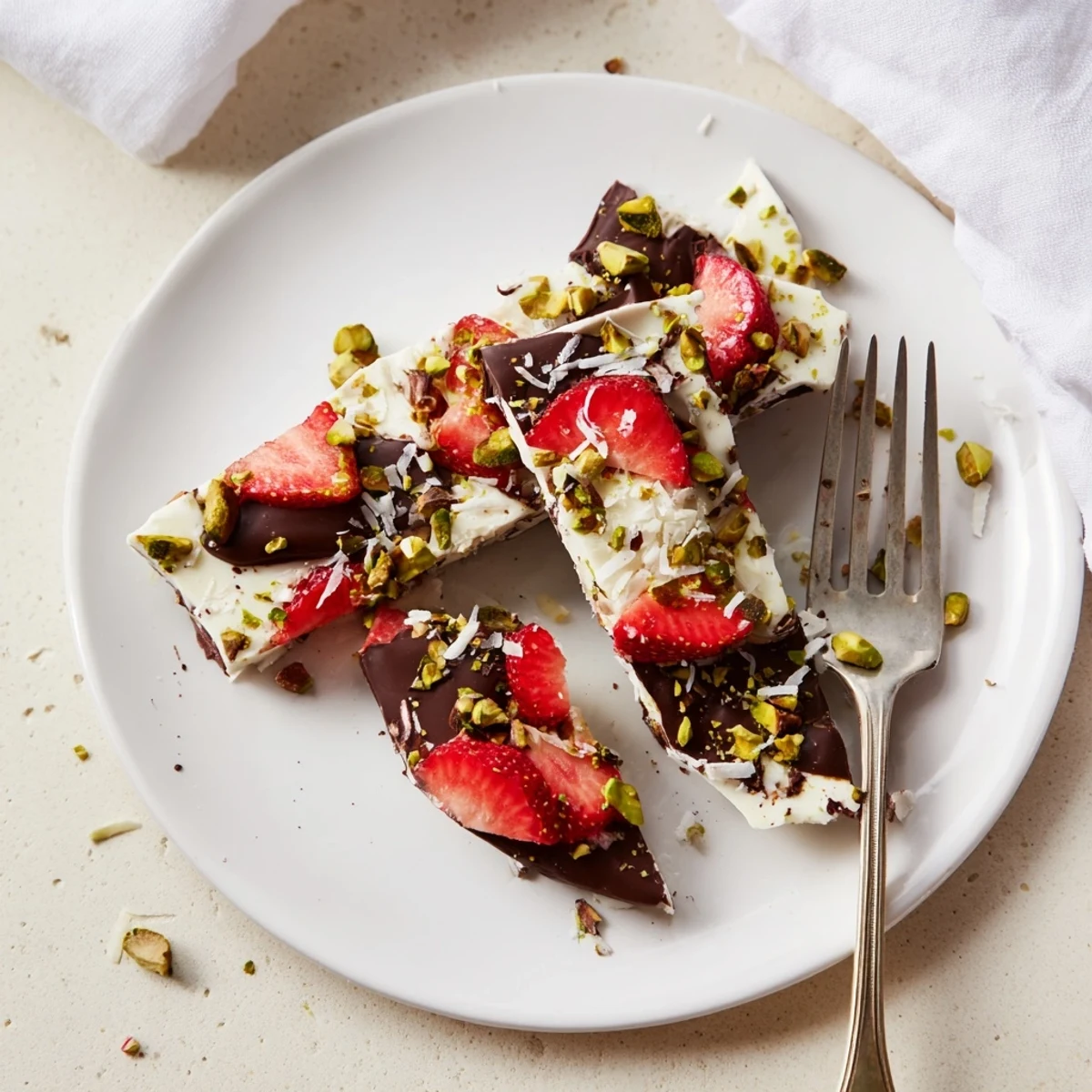 Enjoy a frozen slice of Chocolate Covered Strawberry Yogurt Bark, made with Greek yogurt, sweet strawberries, and a rich dark chocolate drizzle.