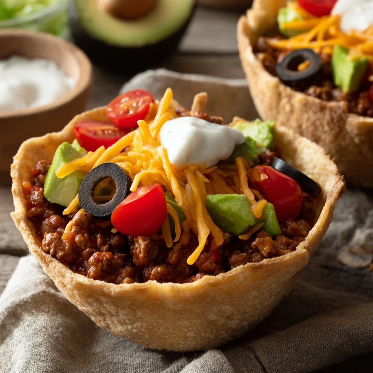 Seasoned ground beef and colorful veggies piled high inside a crispy homemade tortilla bowl for taco night.